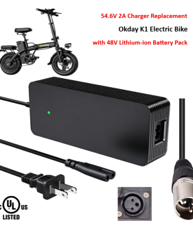 Charger for Okday K1 Electric Bike with 48V Lithium-ion Battery Pack [54.6V 2A, 3Pin XLR Plug] -UL Certified
