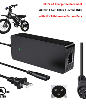 Charger for AONPO A20 Ultra Electric Bike with 52V Lithium-ion Battery Pack [58.8V 2A, 3P-GX16 12mm inline Female Plug]