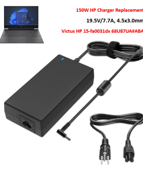 Charger for HP Gaming Laptop 15-fa0031dx 68U87UA#ABA [19.5V 7.7A, 4.5x3.0mm Plug]