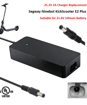 Charger for Segway Ninebot KickScooter E2 Plus, Model: 051402U [25.2V 2A, 5.5x2.1mm Plug] -UL Certified
