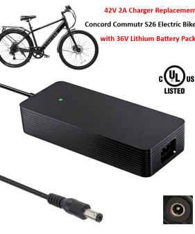Charger for Concord Commutr 26" Class 2 Electric Bike with 36V Lithium-ion Battery Pack [42V 2A, 5.5x2.5mm Plug]