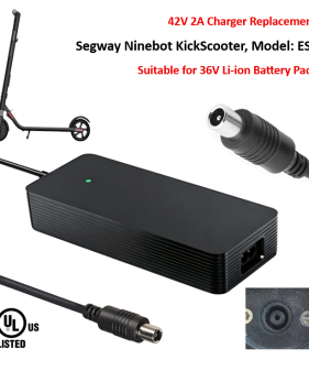 Charger for Segway Ninebot ES1 Electric Scooter with 36V Lithium-ion Battery Pack [42V 2A, 8mm RCA Plug] -UL Certified