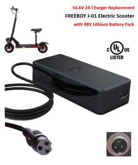 Charger for FREEBOY J-01 Electric Scooter with 48V Lithium Battery Pack [54.6V 2A, 3P-GX16 12mm inline Female Plug] -UL Certified