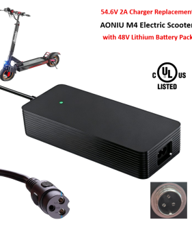Charger for AONIU Electric Scooter, Model: M4 with 48V Lithium-ion Battery Pack [54.6V 2A, 3P-GX16 inline Female Plug] -UL Certified