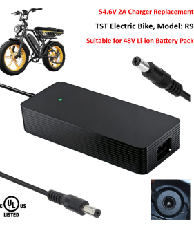Charger for TST R9 Electric Bike with 48V Lithium-ion Battery Pack [54.6V 2A, 5.5x2.1mm Plug] -UL Certified