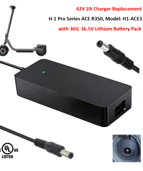 Charger for H-1 Pro Series ACE R350 with 36V/36.5V Lithium-ion Battery Pack [42V 2A, 5.5x2.1mm Plug] -UL Certified